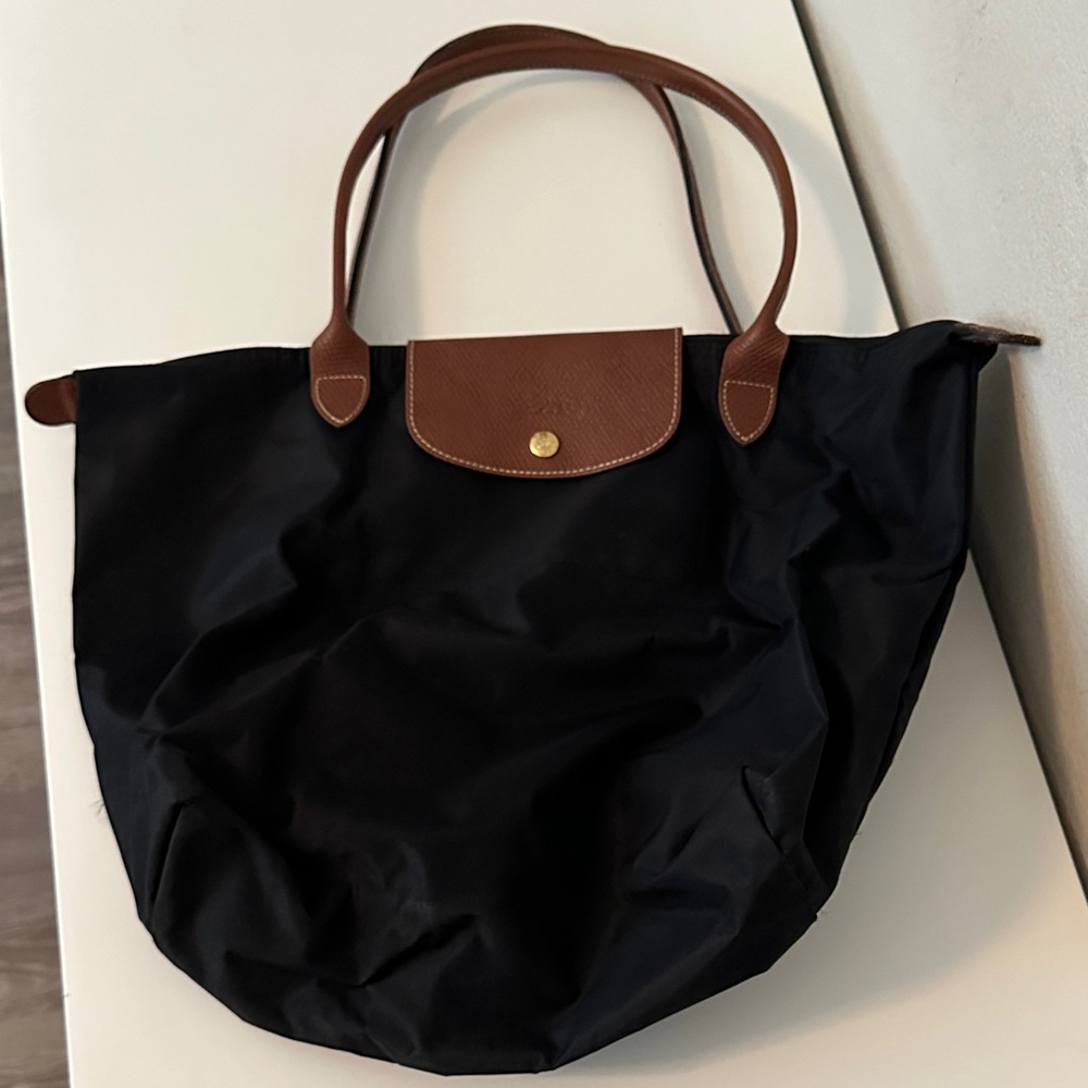 Longchamp Black Nylon Tote with Brown Leather Trim
